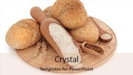  Presentation with roll - Audience pleasing PPT theme consisting of bread roll selection on a wooden board with wholegrain flour brown sugar and yeast in scoops with ears of wheat over white background backdrop and a coral colored foreground