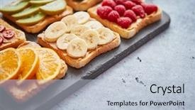  Presentation with brunch breakfast buffet healthy continental - PPT theme with bread slices with peanut butter background and a lemonade colored foreground
