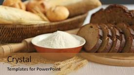  Presentation with grains - PPT theme with bread slices with wheat flour spikes and grains on white table background and a gold colored foreground