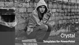  Presentation with homeless - PPT theme with bread staling - homeless poor woman sitting outdoors background and a dark gray colored foreground