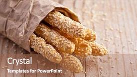  Presentation with craft - Colorful presentation design enhanced with bread sticks grissini with sesame seeds in craft pack on rustic wooden background backdrop and a coral colored foreground