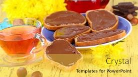  Presentation with spread - Amazing presentation theme having bread with sweet chocolate hazelnut spread on plate on table backdrop and a yellow colored foreground