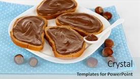  Presentation with spread - Slide set enhanced with bread with sweet chocolate hazelnut spread on plate isolated on white background and a light blue colored foreground