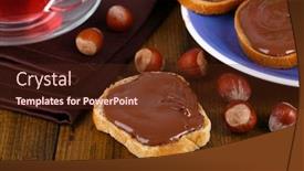  Presentation with spread - Audience pleasing slide set consisting of bread with sweet chocolate hazelnut spread on plate on table backdrop and a tawny brown colored foreground
