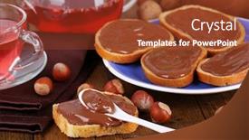  Presentation with spread - Slide set featuring bread with sweet chocolate hazelnut spread on plate on table background and a tawny brown colored foreground