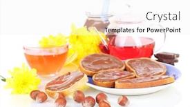  Presentation with spread - PPT theme consisting of bread with sweet chocolate hazelnut spread on plate isolated on white background and a white colored foreground