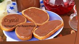  Presentation with spread - Presentation theme featuring bread with sweet chocolate hazelnut spread on plate on table background and a red colored foreground