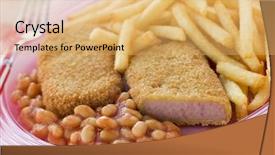  Presentation with luncheon meat - Presentation having breadcrumbed luncheon meat with baked beans and chips background and a yellow colored foreground
