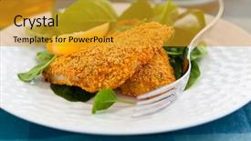  Presentation with spinach - PPT layouts having breaded fish with spinach background and a gold colored foreground