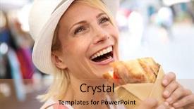  Presentation with cheerful stylish city girl using - Slide set featuring breaded food - cheerful blond girl in rome background and a coral colored foreground