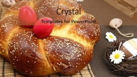  Presentation with decoration - Audience pleasing presentation theme consisting of breaded food - easter bread and decoration eggs backdrop and a coral colored foreground