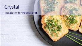  Presentation with garlic - Beautiful slide deck featuring breaded food - tasty bread slices with garlic backdrop and a sky blue colored foreground