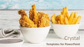  Presentation with food chicken - Cool new slide set with breaded-fried-chicken-strips backdrop and a sky blue colored foreground