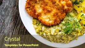  Presentation with stir fried bok choy - Theme with breaded-fried-pork-chop background and a tawny brown colored foreground