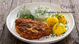  Presentation with cucumber cream - Presentation design having breaded-fried-pork-chop background and a light gray colored foreground