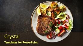  Presentation with salad - Presentation theme featuring breaded-pork-with-baked-potatoes background and a tawny brown colored foreground