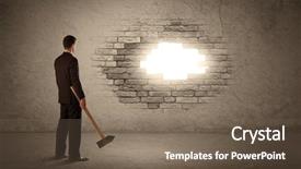  Presentation with brick - Presentation having break - business man hitting brick grungy background and a violet colored foreground