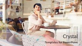  Presentation with coffee shop - Beautiful presentation design featuring break - businesswoman with digital tablet backdrop and a soft green colored foreground