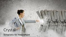  Presentation with breaking through - Presentation design with break - image of businesswoman breaking bricks background and a light gray colored foreground