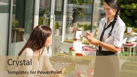  Presentation with restaurant menu bistro cafe - Slides with lunch break - waitress taking woman's order background and a coral colored foreground