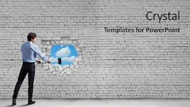  Presentation with wall partition - Presentation design enhanced with break - young determined businessman breaking wall background and a light gray colored foreground
