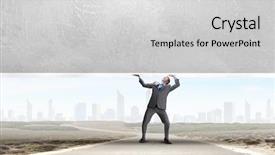  Presentation with brick wall - Presentation with break - young powerful businessman lifting brick background and a light gray colored foreground