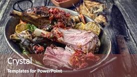  Presentation with barbecue - Slide deck having barbecue lamb knuckles with vegetable in casserolle background and a tawny brown colored foreground
