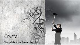  Presentation with wall - Theme consisting of break business - young determined businessman crashing wall background and a  colored foreground