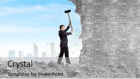  Presentation with wall - Slide deck featuring break business - young determined businessman crashing wall background and a  colored foreground