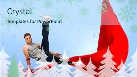  Presentation with snowflakes - Cool new presentation theme with break dancer skillfully balancing on one hand against snowflakes and fir tree in green backdrop and a sky blue colored foreground