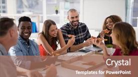  Presentation with safety interacting the public - Beautiful theme featuring break fast - group of executives interacting while backdrop and a coral colored foreground