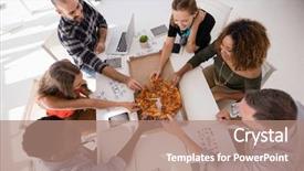  Presentation with intern sharing experence - Amazing PPT theme having break fast - happy executives sharing pizza backdrop and a coral colored foreground