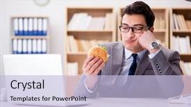  Presentation with energy food and junk food - Slide deck featuring break fast - hungry funny businessman eating junk background and a light blue colored foreground