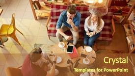  Presentation with people talking - Slides featuring break in student cafe background and a tawny brown colored foreground