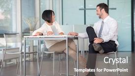  Presentation with happy anniversay work - Presentation design enhanced with break people - two happy colleagues chatting background and a  colored foreground