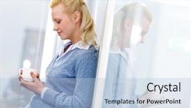  Presentation with employee anniversary work office - PPT theme having break people - young beautiful office worker standing background and a  colored foreground