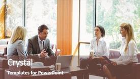  Presentation with five business people standing together and smiling - Slide deck consisting of break room - business people talking and working background and a tawny brown colored foreground