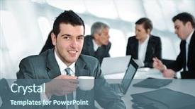  Presentation with kick off meeting - PPT theme having break room - businessman drinking coffee at meeting background and a ocean colored foreground