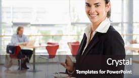  Presentation with corporate happy birthday - Presentation theme having break room - happy young businesswoman standing background and a  colored foreground