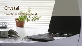  Presentation with desk - Slide deck having break room - view of desk with laptop background and a lemonade colored foreground