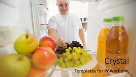  Presentation with good life - Amazing PPT theme having man choose grapes from fridge like good choice for healthy life backdrop and a gold colored foreground
