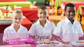  Presentation with school lunch - Amazing slide deck having break time in school cafeteria backdrop and a coral colored foreground
