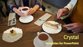  Presentation with tea cake - Colorful slides enhanced with young man cutting piece of appetizing cake on plate while having tea break with girlfriend in cafe backdrop and a tawny brown colored foreground