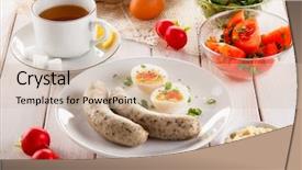  Presentation with white easter lily flowers - Cool new PPT layouts with breakfast - eggs boiled white sausages backdrop and a soft green colored foreground