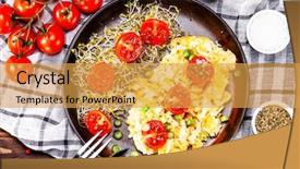  Presentation with breakfast - Beautiful PPT theme featuring breakfast - scrambled eggs with vegetables backdrop and a yellow colored foreground