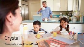 Presentation with school family - Presentation theme consisting of breakfast at home before school background and a coral colored foreground
