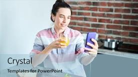  Presentation with young business woman smile show - Amazing theme having breakfast at home copy space backdrop and a  colored foreground