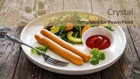  Presentation with sausages - Slide deck having breakfast-boiled-sausages-and-fresh background and a coral colored foreground