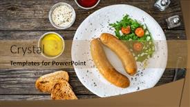  Presentation with sausages - Slide set featuring breakfast-boiled-sausages-bread background and a gold colored foreground