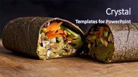  Presentation with vegan food - Colorful PPT theme enhanced with breakfast burrito - sliced up raw food wrap backdrop and a wine colored foreground